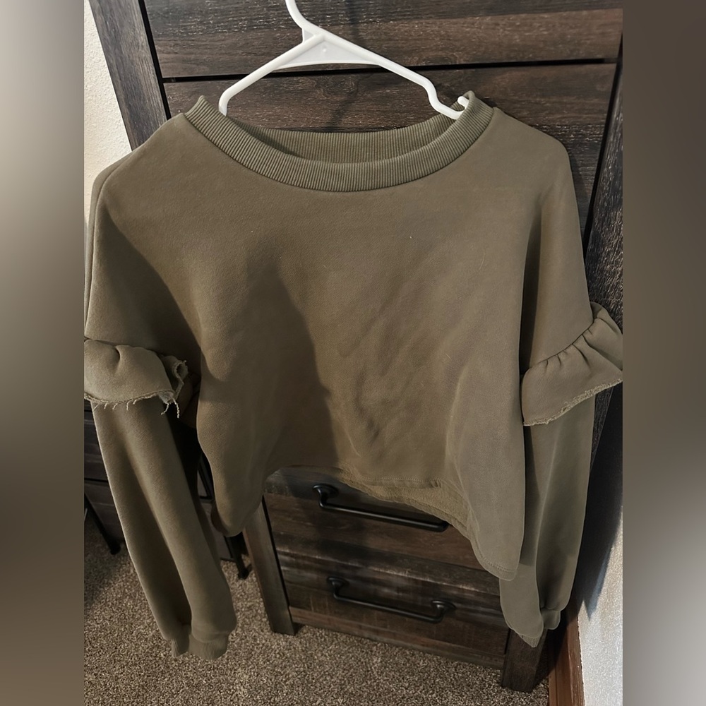 Olive Green Ruffle Sleeve Sweatshirt